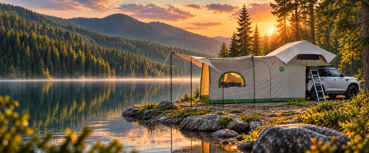 Rooftop tent in an outdoor landscape